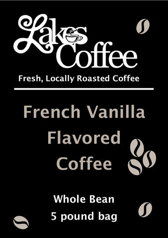 flavor label for Lakes Coffee French Vanilla Flavored coffee black with white letters 