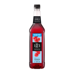 a rosy red bottle of syrup with a light blue label and 1883 logo in the middle