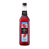 a rosy red bottle of syrup with a light blue label and 1883 logo in the middle