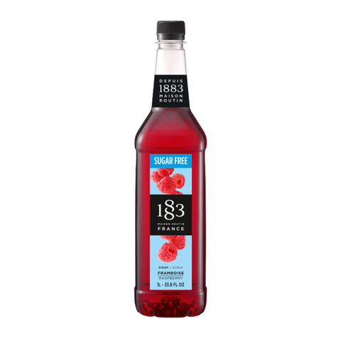 a rosy red bottle of syrup with a light blue label and 1883 logo in the middle
