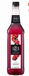 A bottle of 1883 Mixed Berries syrup bright red in  color with a black top and mixed berries on the label 