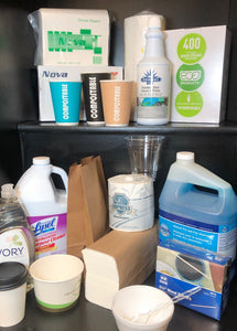 a collage of disposable paper goods like toilet paper, napkins cups and straws along with a few cleaning supplies like commercial Dawn, Lysol and dish soap, hand towels, disposable bowls, compostable to go products all items used in restaurants and cafes 