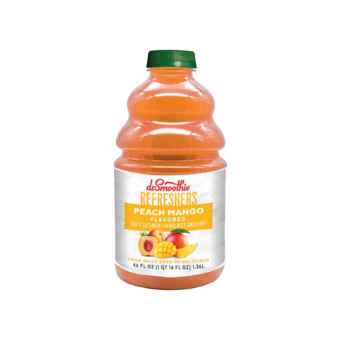 a 46oz bottle of Dr Smoothie Peach Mango refresher mix that is an  light orange color 