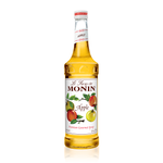 A glass bottle of Monin Apple syrup, the syrup is a bright yellow and the label have red, green and  yellow apples on it