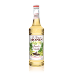 an off white syrup fills this glass bottle, the white of the label barely visible with all the vanilla plants across the label like a vanilla jungle