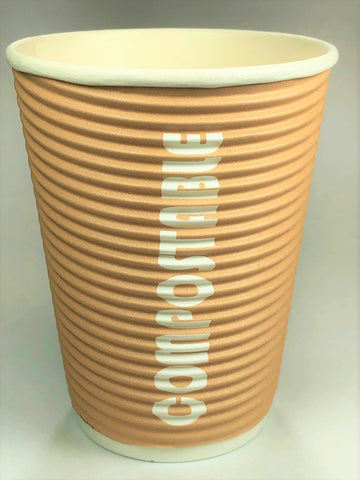 image of tan 12 ounce cup with horizontal ripples to better grip the cup the work compostable is in bold white letters on the cup