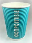 very bright teal 12 ounce ripple walled cup with the bold word compostable on the cup in white 