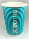 very bright teal 12 ounce ripple walled cup with the bold word compostable on the cup in white 