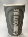 compostable grey ripple walled cup with white bold compostable lettering