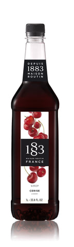 cherry 1883 syrups is a deep red color with several bright red cherries on the label