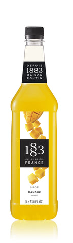 1883 Mango syrup is bright yellow with yellow mango squares sliced on the label