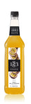 1883 Passion Fruit syrup is yellow in color with sliced fruits on the label they are deep red on the outside and yellow on the inside