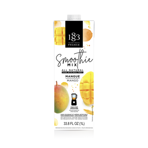 1883 mango smoothie mix carton 33.8 ounces with a picture of ripe mangos and a blender on the carton