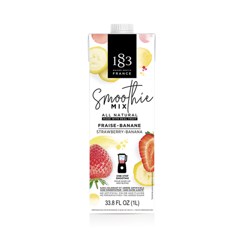 1883 strawberry banana smoothie mix carton that is 33.8 ounces with pictures of strawberries and bananas on the carton