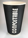 black ripple grip cup with bold white lettering saying compostable