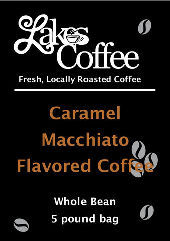 Lakes Coffee Caramel Macchiato label black background with light orange letters 