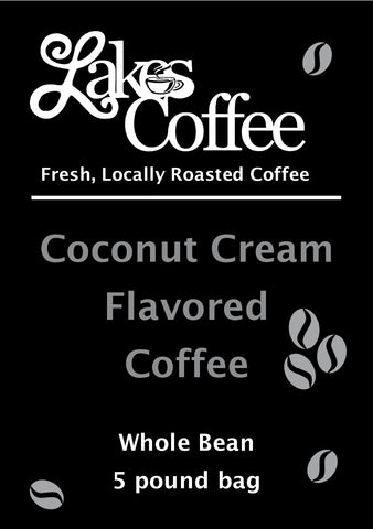 Lakes Coffee Coconut Cream coffee label a black label with creamy off-white colors