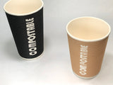 two 20 ounce cups one is black the other is tan both are ripple grip cups with bold white lettering that says "compostable" 