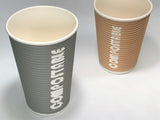 two 16 ounce cups one is tan the other is grey both have bold white lettering on the cup saying "compostable"