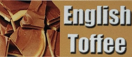 light brown English Toffee wording  next to pieces of broken up English Toffee