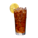 a glass of rishi organic black iced tea with ice and a lemon wedge