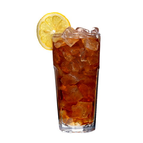 a glass of rishi organic black iced tea with ice and a lemon wedge