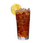 a glass of our cafe perks house blend iced tea with ice and a lemon wedge 