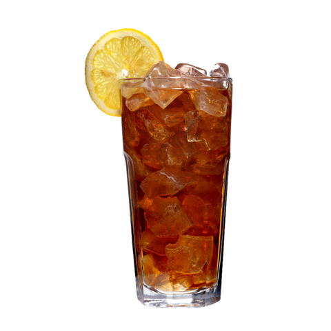 a glass of our cafe perks house blend iced tea with ice and a lemon wedge 