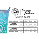 Lotus energy mixing guide with a brightly colored blue Lotus drink on the right side 