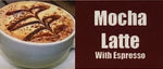 Mocha Latte with Espresso Cappuccino in a white cup with with light brown foam and a dark brown swirl