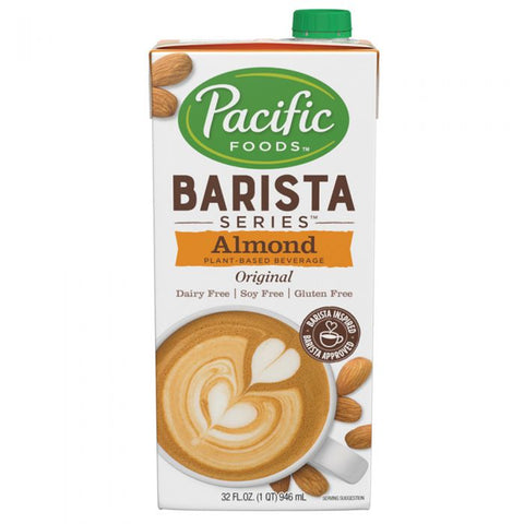 a 32 ounce carton of barista almond milk with their logo