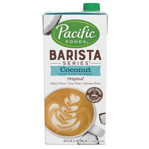 a 32 ounce carton of Pacific Coconut Milk its a white carton with blue accents 