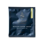 a package of Rishi Matcha Super Green tea black with gold letters 